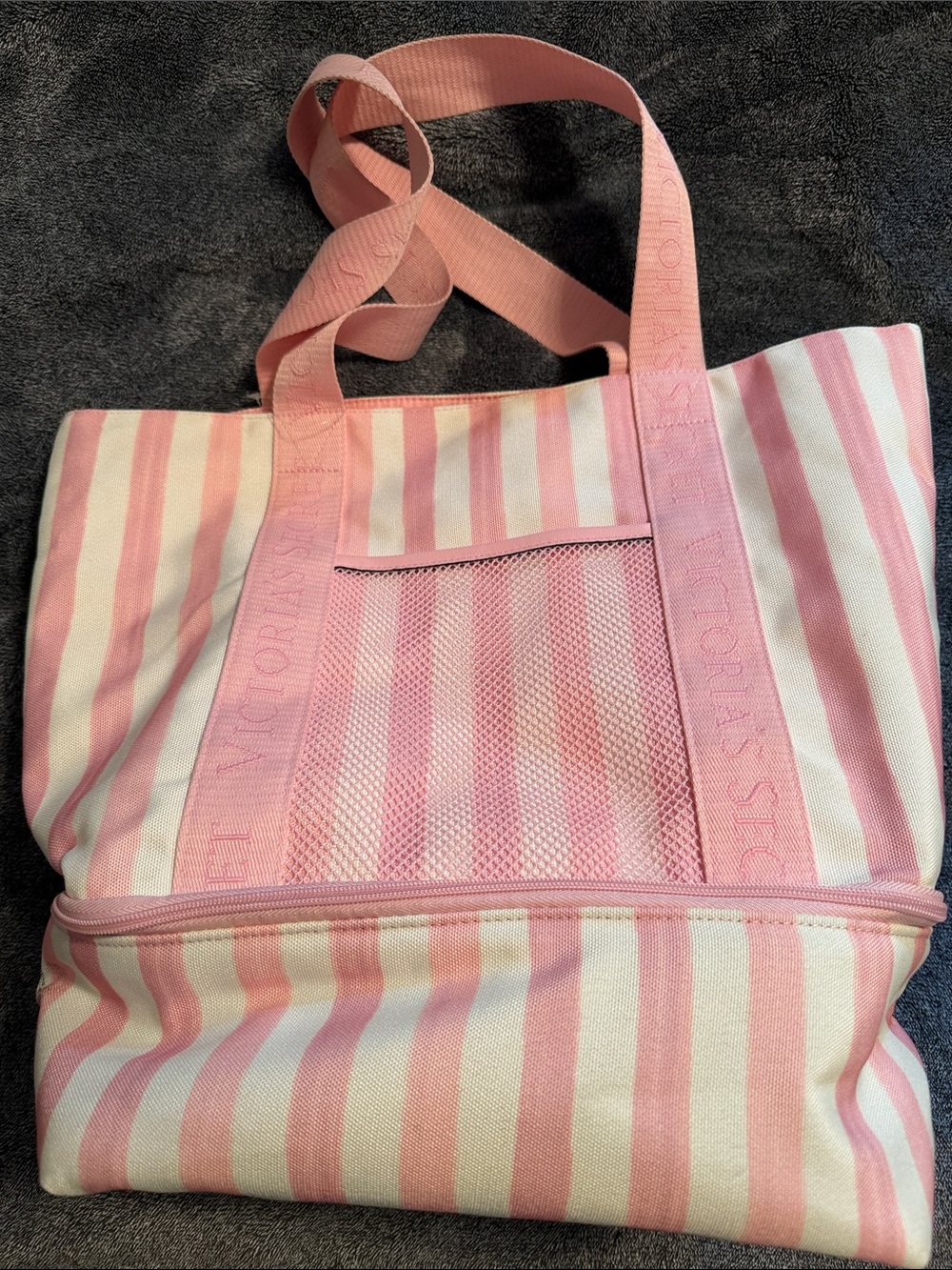 Victoria's Secret Pink and White Striped Canvas Tote with Mesh Pocket